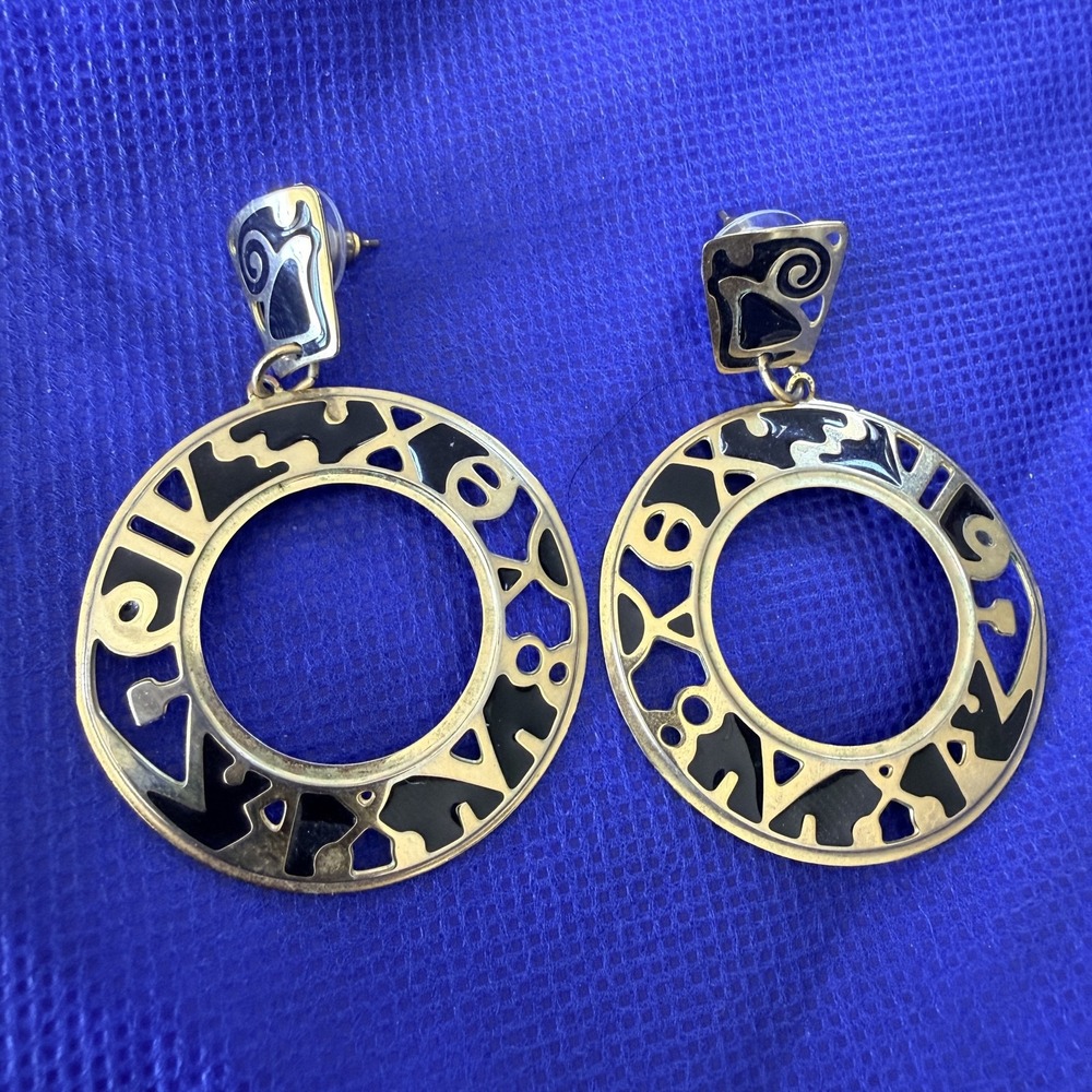 Vintage Edgar Berebi Gold Tone Black Enamel Dangle Earrings 2.5" Art Statement